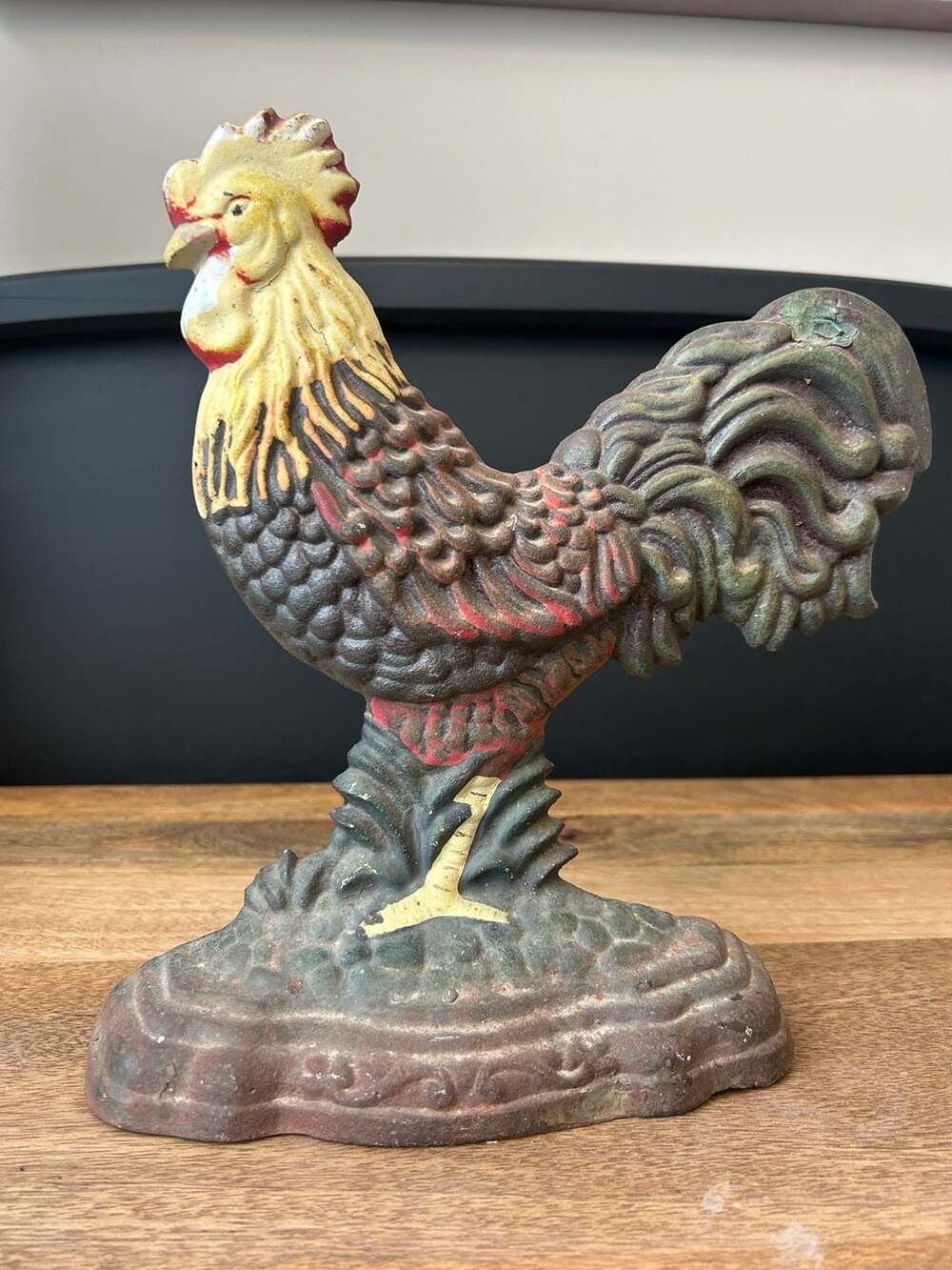 Vintage Hand Painted Cast Iron Rooster Doorstop - 11 Inch
